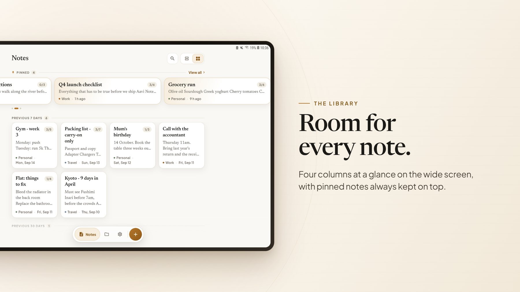 Room for every note — list and grid views, with pinned notes kept on top