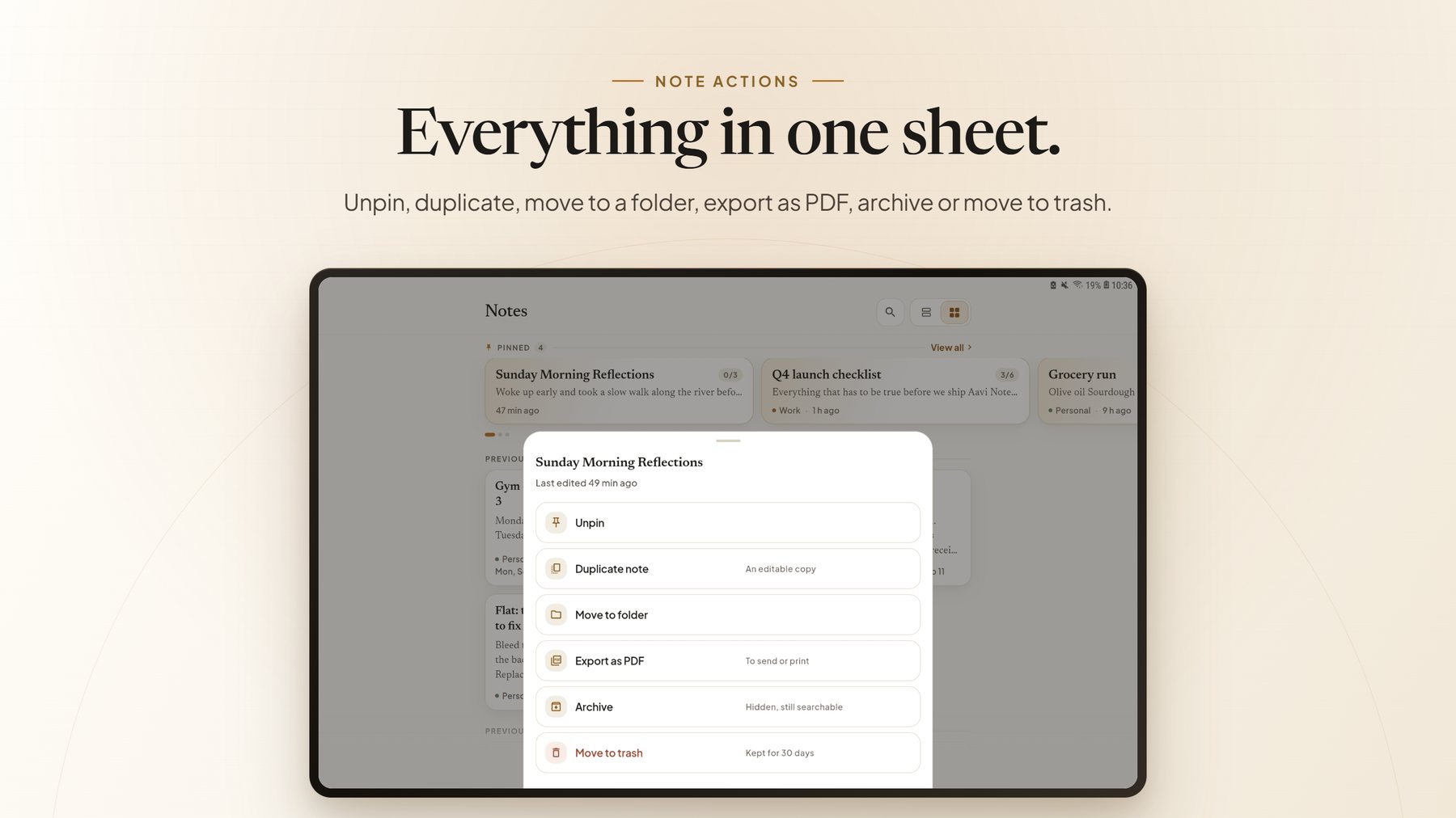 Everything in one sheet — unpin, duplicate, move to a folder, export as PDF, archive or trash